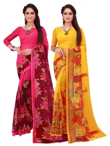 Silk Bazar Yellow & Magenta Pack of 2 Floral Printed Pure Georgette Sarees