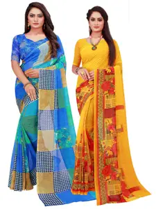 Silk Bazar Blue & Yellow Pack of 2 Geometric Printed Pure Georgette Sarees