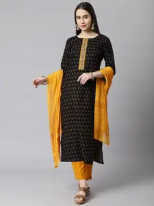 KAMI KUBI Black & Yellow Printed Unstitched Dress Material