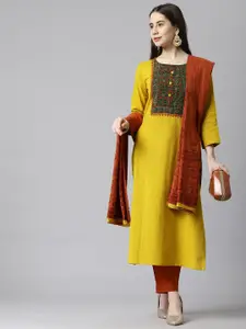 KAMI KUBI Yellow & Brown Embroidered Unstitched Dress Material