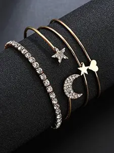 Fashion Frill Women Set Of 4 Gold-Toned & White American Diamond Gold-Plated Cuff Bracelet