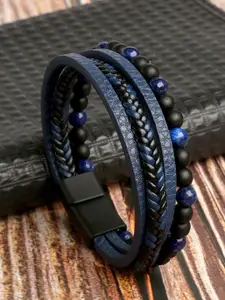 Fashion Frill Men Blue & Black Leather Wraparound Bracelet