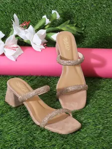 Truffle Collection Nude-Coloured Embellished Suede Party Block Heels