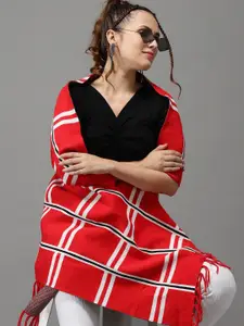 SHOWOFF Women Red & Black Checked Acrylic Longline Poncho