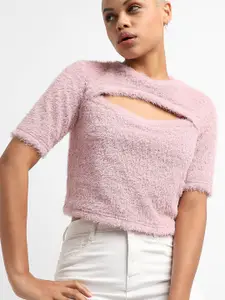 Campus Sutra Women Peach-Coloured Cut-Out Wool Sweatshirt