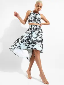 Campus Sutra Women Black & Blue Floral Printed Top & Skirt