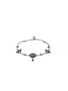 ahilya 925 Sterling Silver Silver-Plated White & Red Stone-Studded Anklet