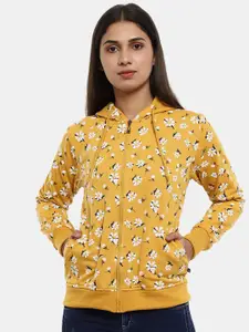V-Mart Women Mustard Printed Hooded Cotton Sweatshirt