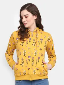 V-Mart Women Mustard Printed Hooded Cotton Sweatshirt