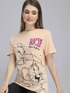 Free Authority Women Tom & Jerry Beige Cotton Printed T-shirt