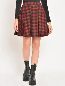 Martini Women Red & Black Checked Box Pleated Wool Mini Skirt