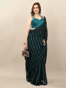 SERONA FABRICS Turquoise Blue Embellished Sequinned Pure Georgette Saree