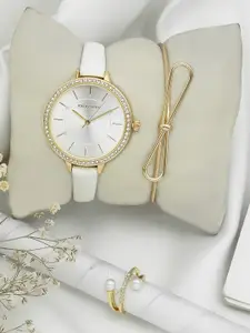 JOKER & WITCH Women Gold Toned & White Analogue Watch With Bracelet And Ring Gift Set