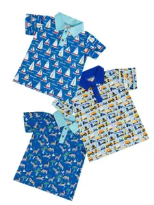 frangipani Boys Blue & Off White Cotton Printed Polo Collar T-shirt Pack of 3