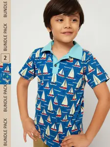 frangipani Boys Blue Cotton Printed Polo Collar T-shirt Pack of 2