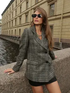 Dlanxa Women Green Checked Double-Breasted Blazer