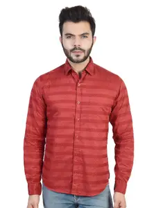 VALEN CLUB Men Red Slim Fit Horizontal Stripes Printed Pure Cotton Casual Shirt