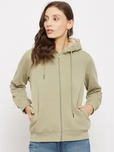Madame Women Plus Size Green Cotton Hooded Sweatshirt