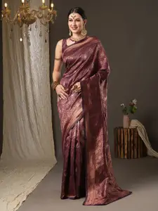 Saree mall Burgundy & Copper-Toned Woven Design Zari Silk Blend Dharmavaram Sarees