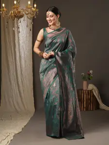 Saree mall Teal & Gold-Toned Woven Design Zari Silk Blend Dharmavaram Sarees