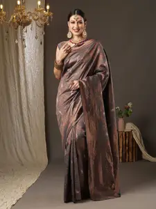 Saree mall Grey & Gold-Toned Woven Design Zari Silk Blend Dharmavaram Sarees