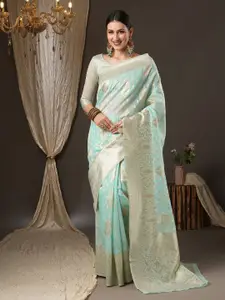 Saree mall Sea Green & Gold-Toned Woven Design Zari Muga Sarees