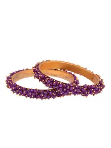 Efulgenz Set Of 2 Gold-Toned & Purple Beaded Gold-Plated Bangles