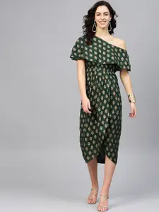 MABISH by Sonal Jain Green Ethnic Motifs One Shoulder A-Line Midi Dress
