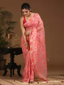 Indethnic Pink & Orange Ethnic Motifs Zari Art Silk Banarasi Saree