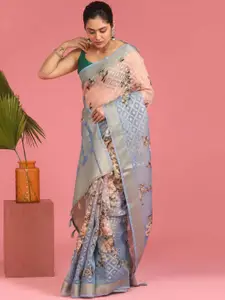 Indethnic Blue & Green Floral Zari Organza Banarasi Saree