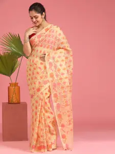 Indethnic Cream-Coloured & Pink Paisley Zari Art Silk Banarasi Saree