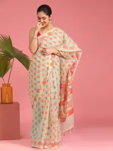 Indethnic Off White & Pink Paisley Zari Art Silk Banarasi Saree
