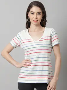 Rute Women Red & Blue Striped V-Neck Pure Cotton T-shirt