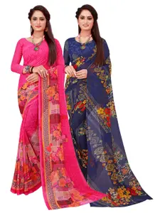 Silk Bazar Magenta & Navy Blue Pack of 2 Floral Printed Pure Georgette Sarees