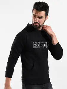Campus Sutra Men Black Printed Hooded Cotton Sweatshirt