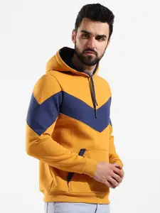 Campus Sutra Men Mustard Colourblocked Hooded Cotton Sweatshirt