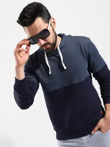 Campus Sutra Men Blue Colourblocked Hooded Cotton Sweatshirt