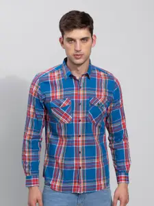 Snitch Men Blue & Red Tartan Checks Slim Fit Cotton Casual Shirt