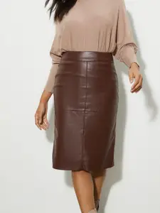 DOROTHY PERKINS Women Brown Solid Faux Leather Seam Detail Midi Skirt