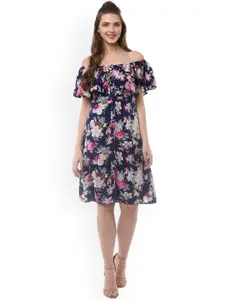 StyleStone Women Navy Blue Floral Off-Shoulder Casual Dress