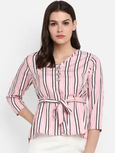 Indietoga Pink Striped Crepe Cinched Waist Top