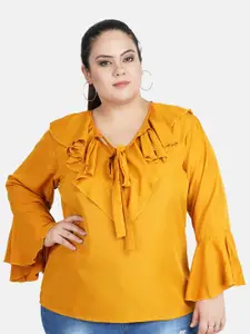 Indietoga  Plus Size Mustard Yellow Tie-Up Neck Ruffles Crepe Top