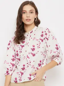 Madame Purple & Cream-Coloured Floral Print Mandarin Collar Shirt Style Top