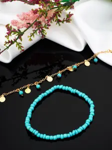 Ferosh Women Gold-Plated & Blue Beaded Coin Layered Anklet