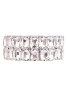 Efulgenz Silver-Toned & White Set of 2 Rhodium-Plated CZ Crystal Kundan Studded Bangles