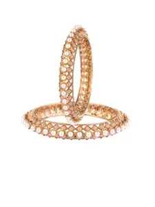 Efulgenz Set of 2 Peach & White Gold-Plated Crystal & Pearl Studded Bangles