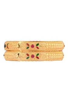 Efulgenz Antique Designer Set Of 2 Gold-Plated Red & Green Crystal-Studded Bangles