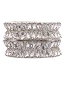 Efulgenz Set Of 4 White Crystals Studded Silver-Plated Bangles