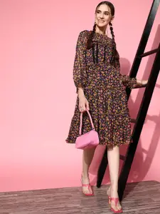 Antheaa Black & Pink Floral Print Chiffon A-Line Knee Length Dress