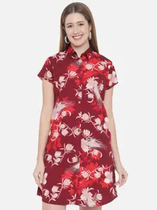 Indietoga Maroon & Red Floral Crepe Shirt Dress